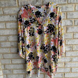 Boutique JC Penney Floral Pineapple Blouse 3/4 Sleeve V-Neck Women's Size 1X